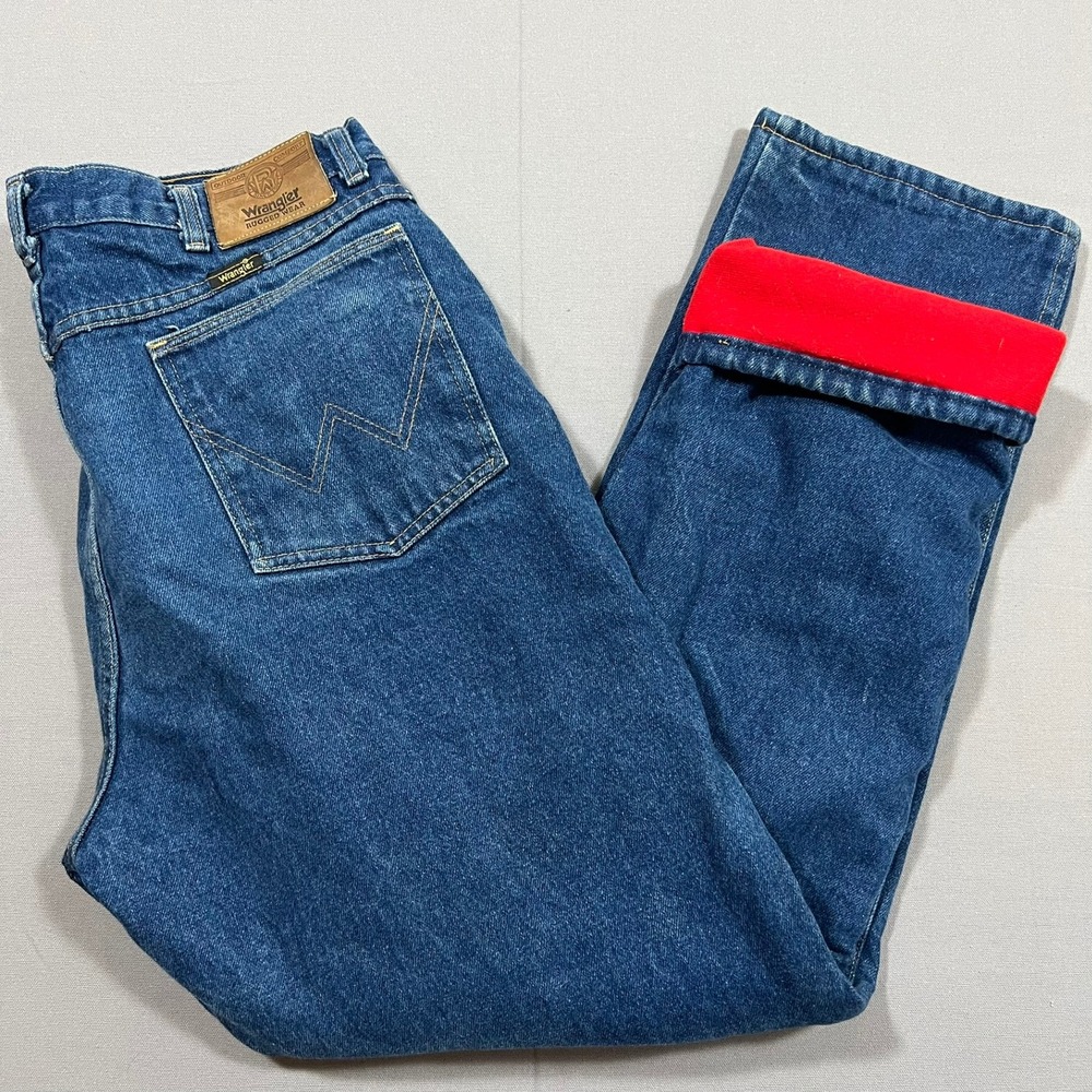 Wrangler Rugged Wear Jeans Fleece Red Quilted Lining USA VTG‎ Men's 34x32 READ